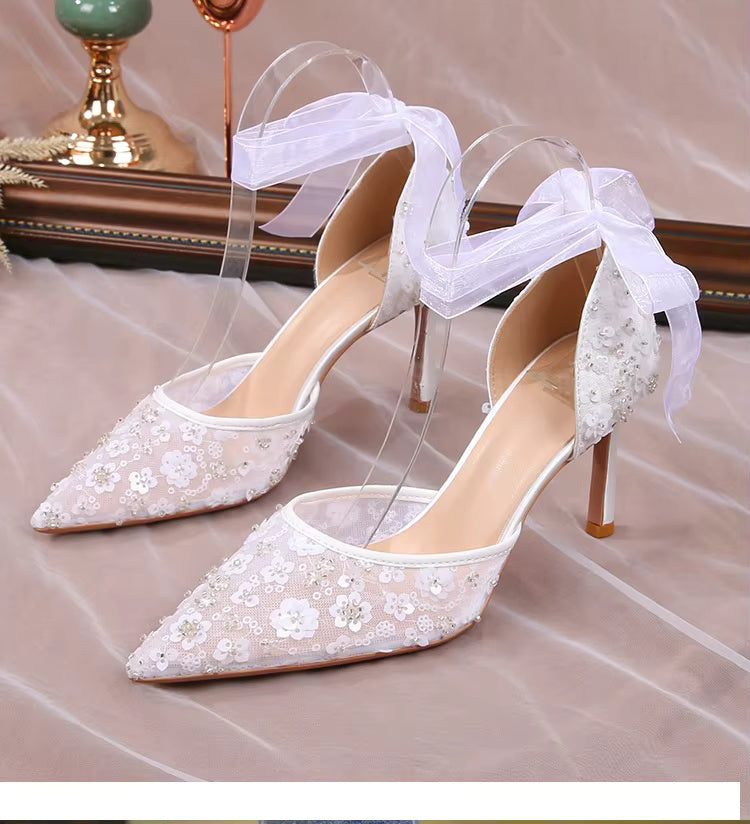 Pointy Thin Heel Lace Hollow Bun Strap Fashion Mesh High Heels Bride Shoes Sandals