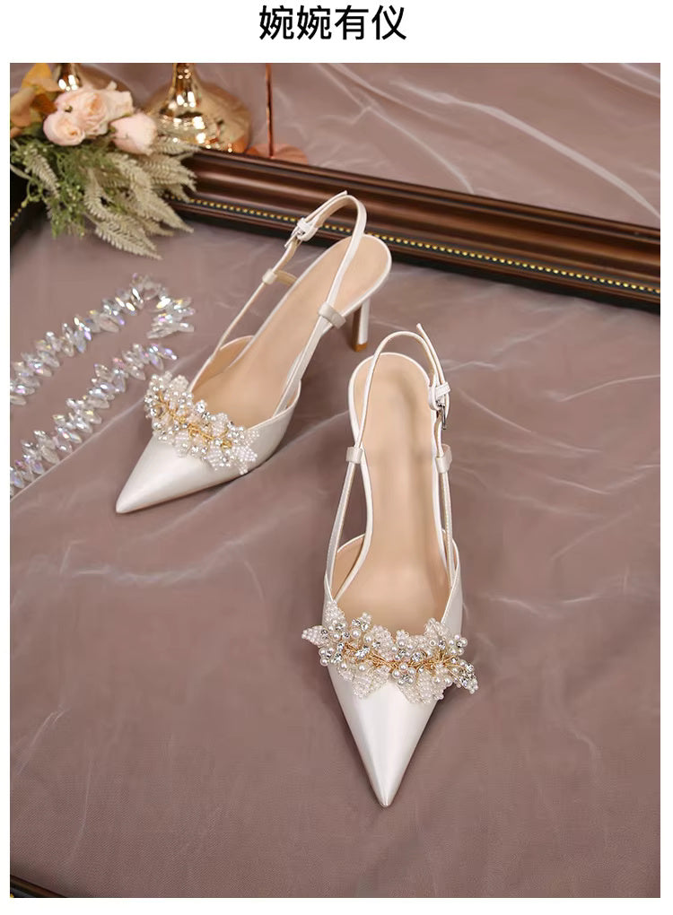 White Pearl Fashion Luxury Satin Bridal High Heels Pumps
