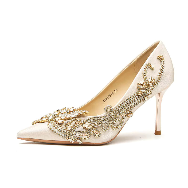 Pearl Bowknot Pattern Pointed Pearl Satin High Heel Sandals