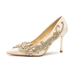 Pearl Bowknot Pattern Pointed Pearl Satin High Heel Sandals
