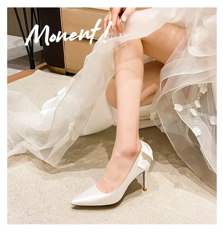 Silk Banquet Bow Pattern Botines High Heels  Bridal Shoes