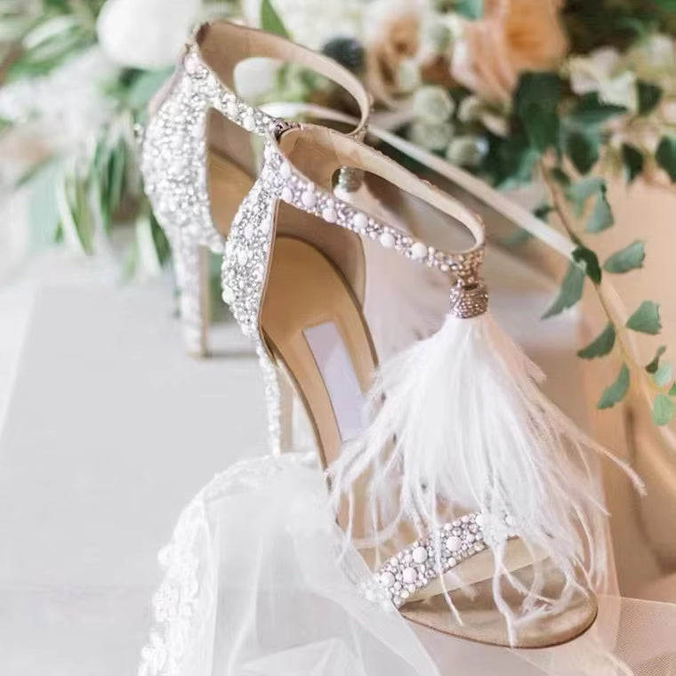 Crystal Rhinestone Feather Tassel High Heels Stiletto Bridal Sandal