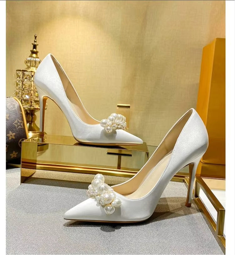 Pearl Pattern French Satin Wedding Bridesmaid High Heels Shoes