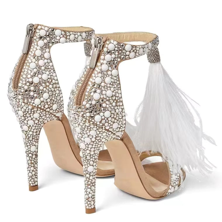 Crystal Rhinestone Feather Tassel High Heels Stiletto Bridal Sandal