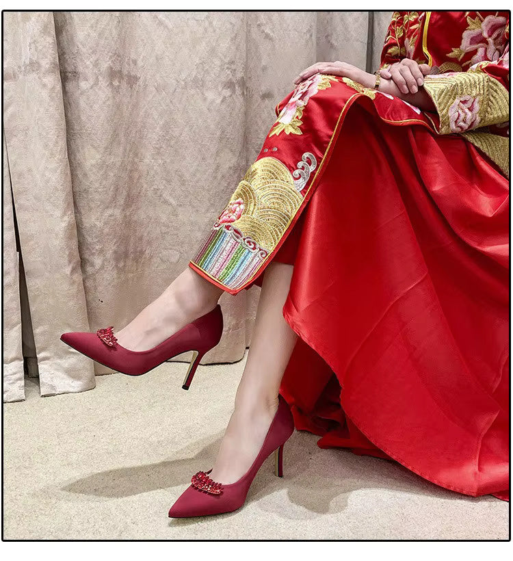 Thin Heel Pointed Toe Fashion Rhinestone Princess Pumps Satin Bridal Shoes