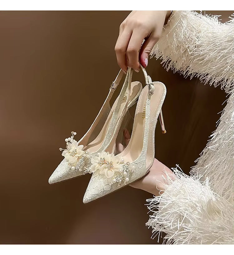Shallow Mouth Flower Water Diamond Slim Wedding Shoes High Heels
