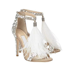 Crystal Rhinestone Feather Tassel High Heels Stiletto Bridal Sandal