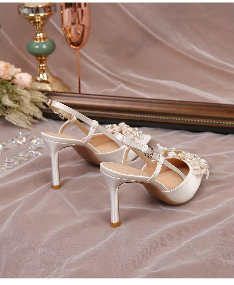 White Pearl Fashion Luxury Satin Bridal High Heels Pumps