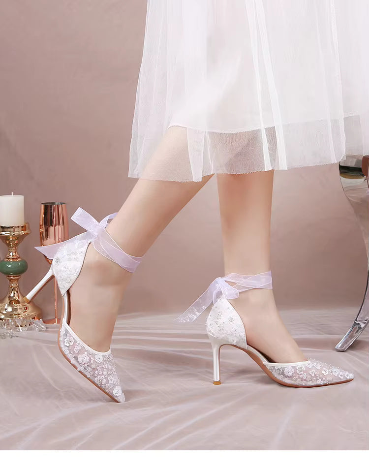 Pointy Thin Heel Lace Hollow Bun Strap Fashion Mesh High Heels Bride Shoes Sandals