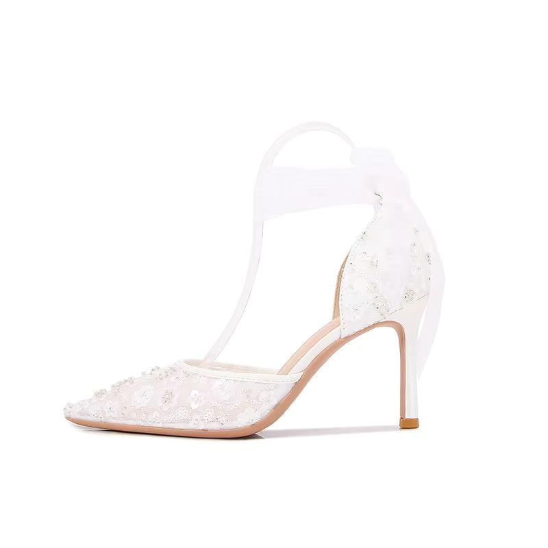 Pointy Thin Heel Lace Hollow Bun Strap Fashion Mesh High Heels Bride Shoes Sandals