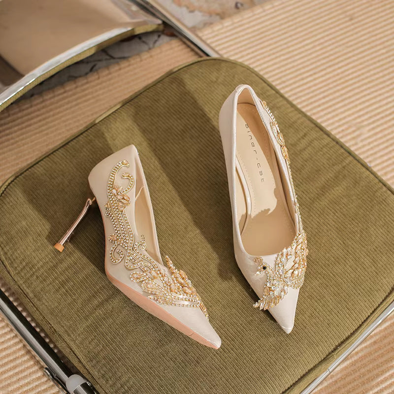 Pearl Bowknot Pattern Pointed Pearl Satin High Heel Sandals