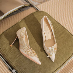 Pearl Bowknot Pattern Pointed Pearl Satin High Heel Sandals