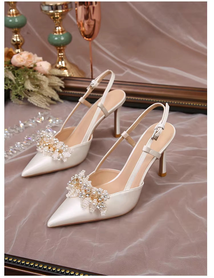 White Pearl Fashion Luxury Satin Bridal High Heels Pumps