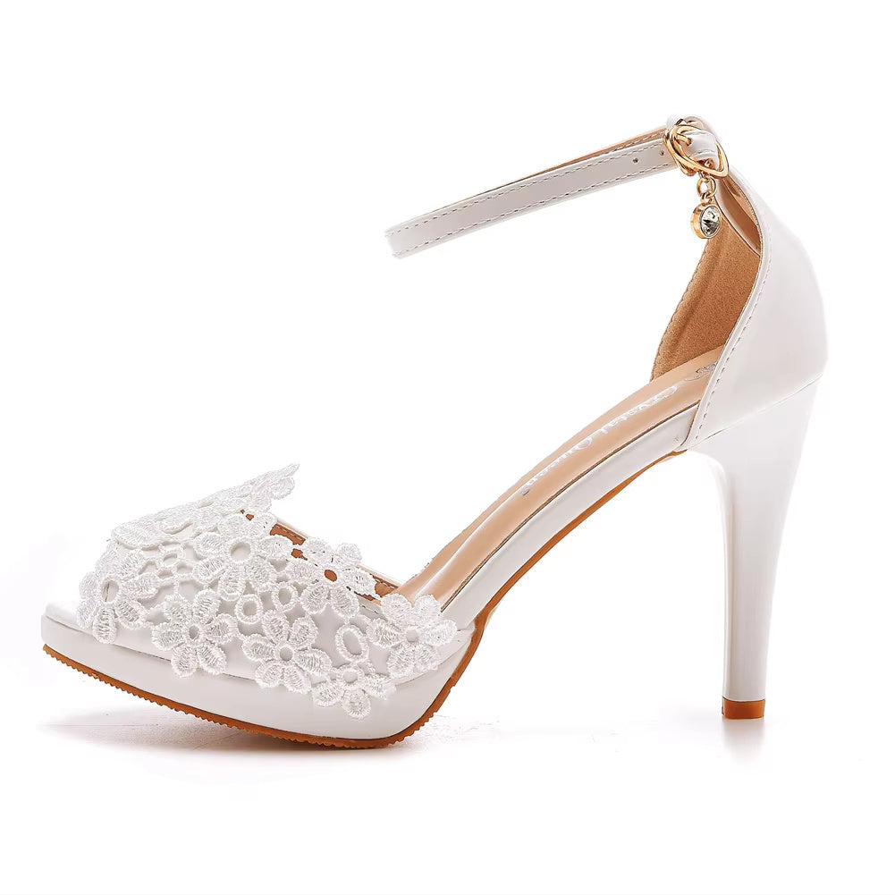 Crystal Pattern White Lace Toe High Heels Queen Party Sandals