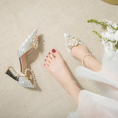 Lace Beaded Tassel Fashion Rhinestone Pattern Thick Heel Bridal Shoes