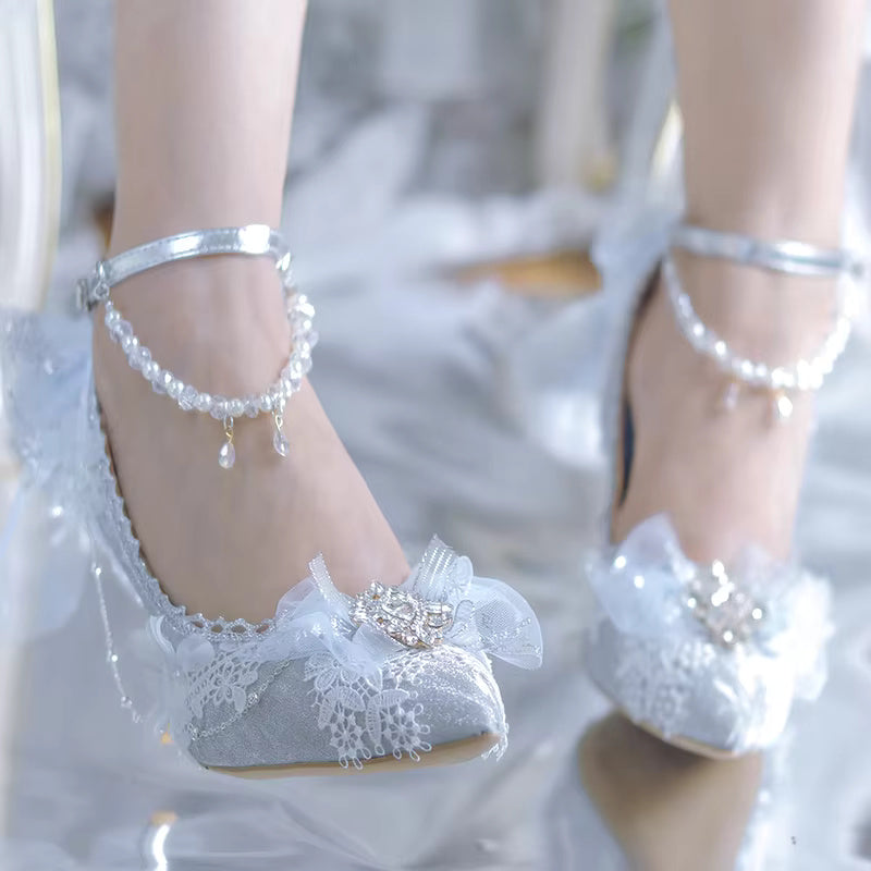 Elegant Lace Bowknot Pearls Gems Pattern Pointed High Heeled Wedding Sandals