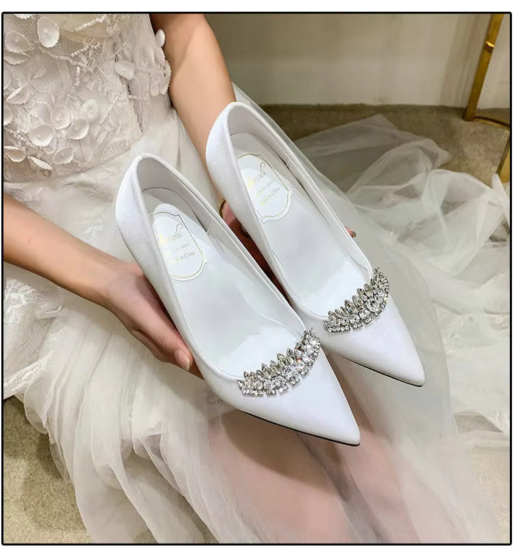 Thin Heel Pointed Toe Fashion Rhinestone Princess Pumps Satin Bridal Shoes