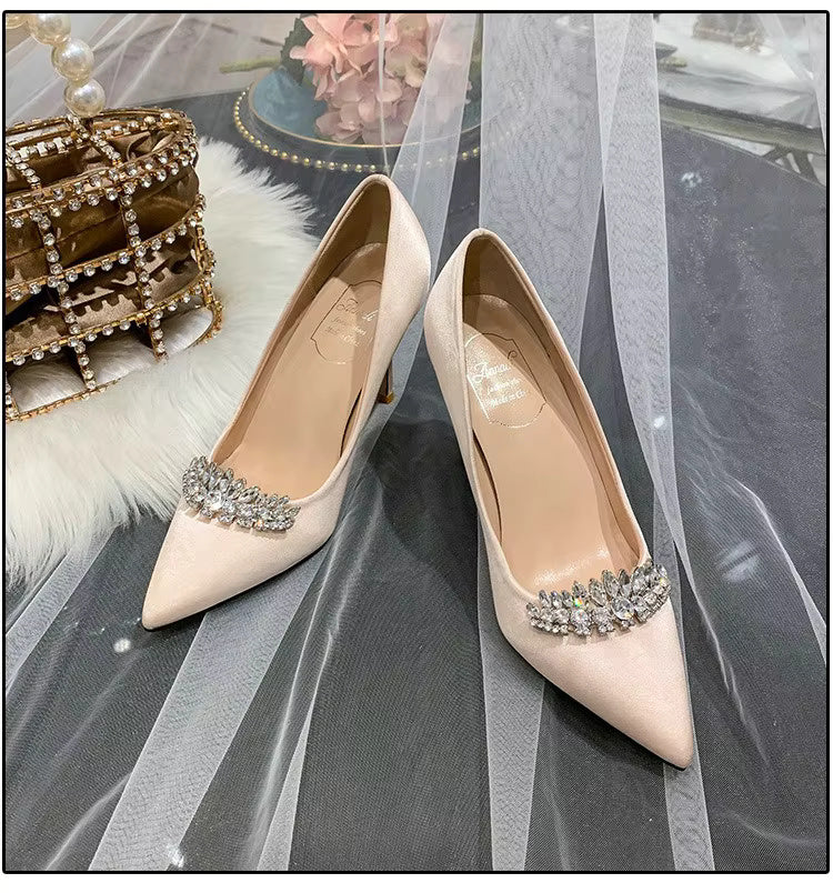 Thin Heel Pointed Toe Fashion Rhinestone Princess Pumps Satin Bridal Shoes