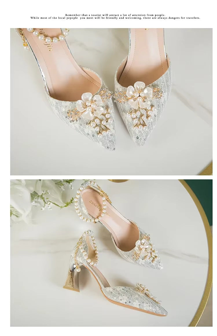 Lace Beaded Tassel Fashion Rhinestone Pattern Thick Heel Bridal Shoes