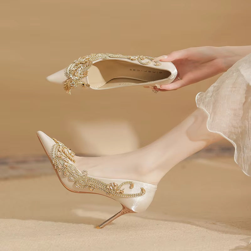 Pearl Bowknot Pattern Pointed Pearl Satin High Heel Sandals