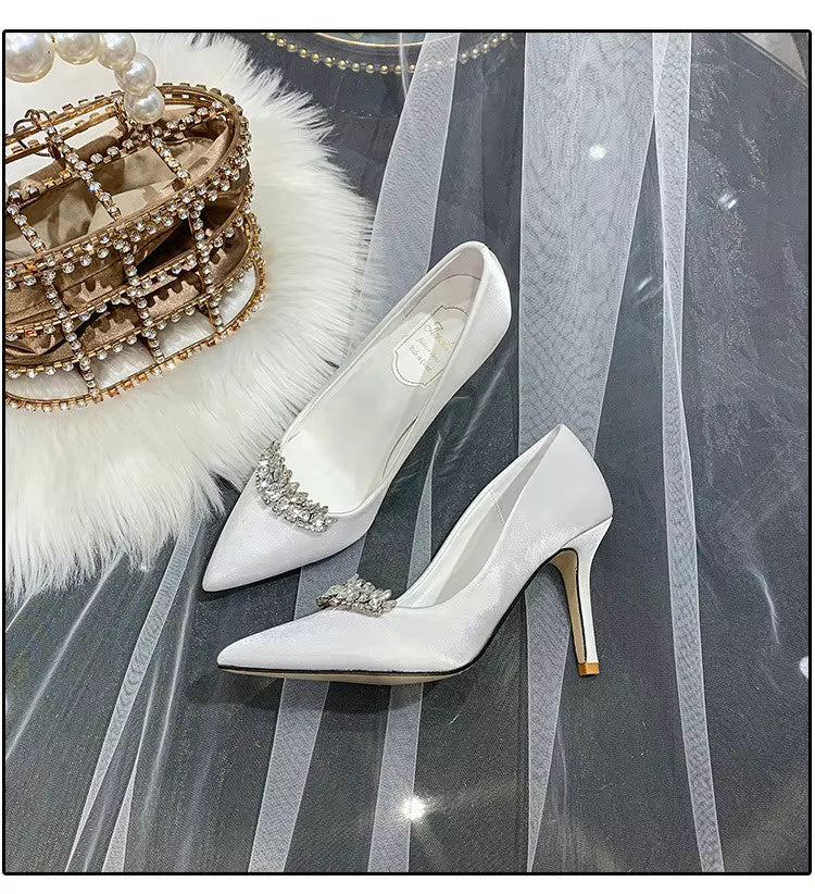 Thin Heel Pointed Toe Fashion Rhinestone Princess Pumps Satin Bridal Shoes