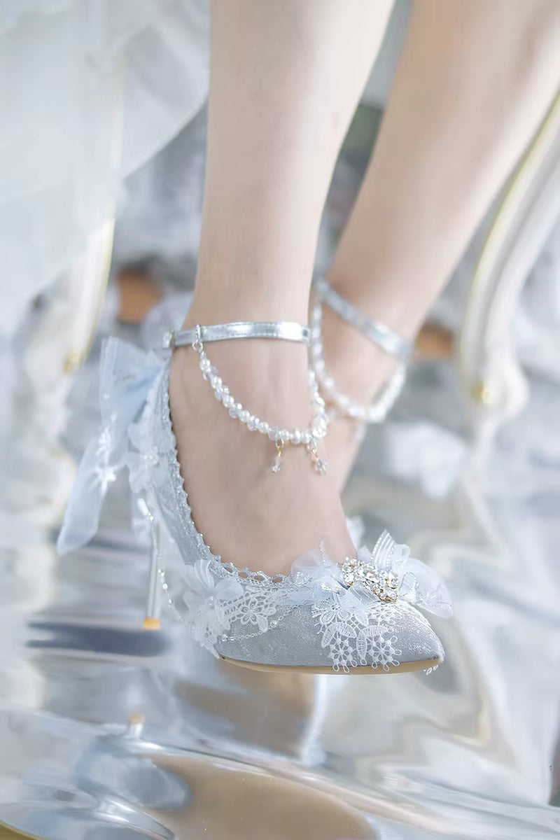 Elegant Lace Bowknot Pearls Gems Pattern Pointed High Heeled Wedding Sandals