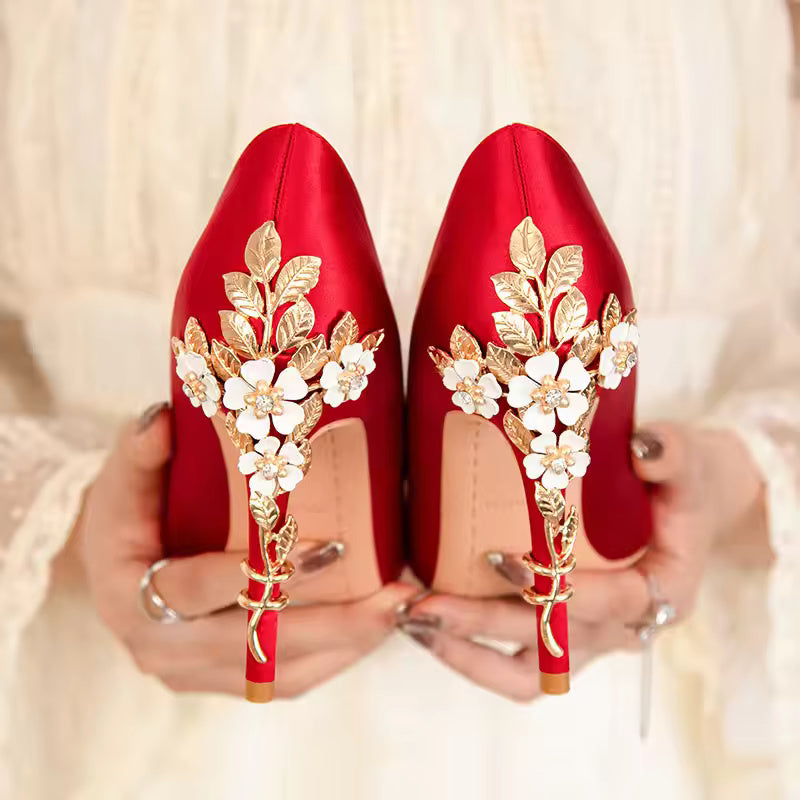 Elegant Silk Design Luxury Flower Pattern Stiletto Heeled