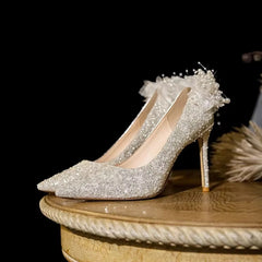 Fairy Wind Beige White Pearl Fashion Pointy Shallow Mouth Pointed Toe High Heels  Wedding Stilettos