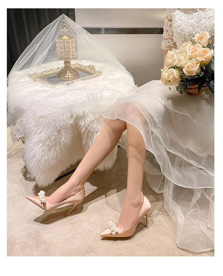 Pearl Pattern French Satin Wedding Bridesmaid High Heels Shoes