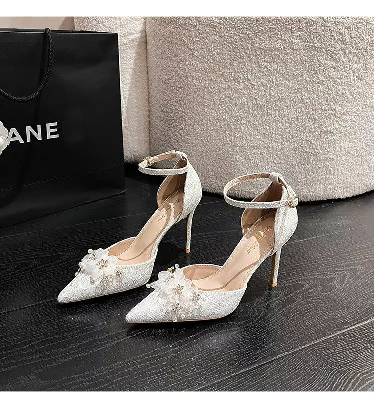 Flower Pattern Pointed Toe High Heels Fashion Bridesmaid Pumps Sandals