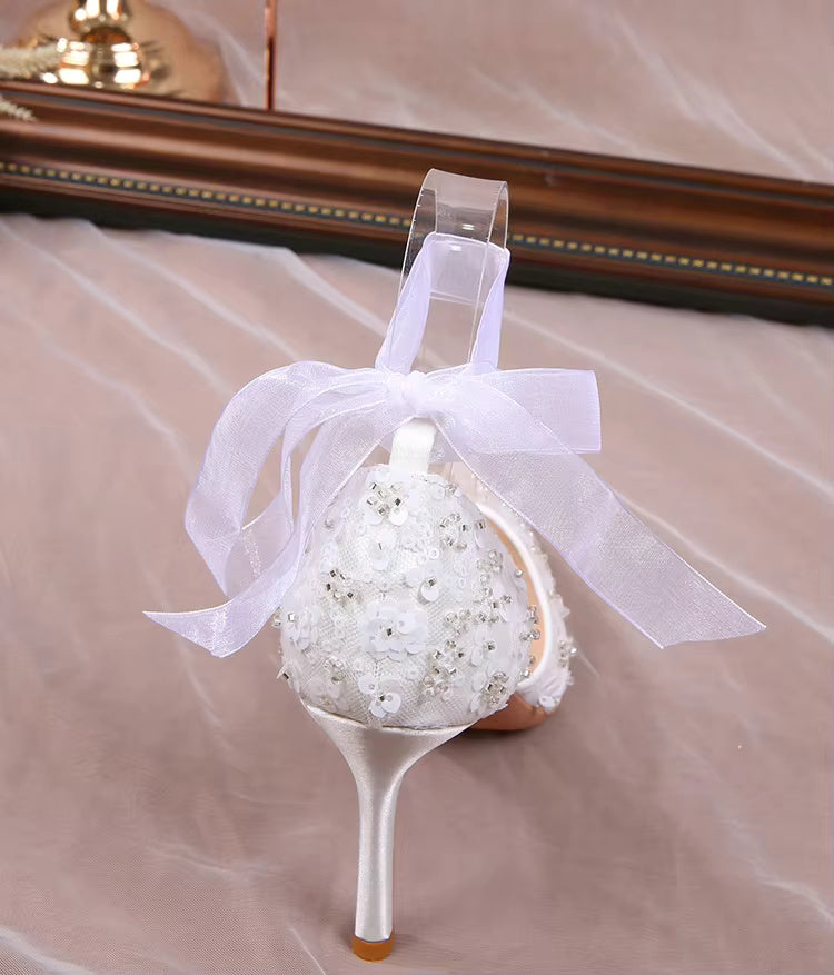 Pointy Thin Heel Lace Hollow Bun Strap Fashion Mesh High Heels Bride Shoes Sandals