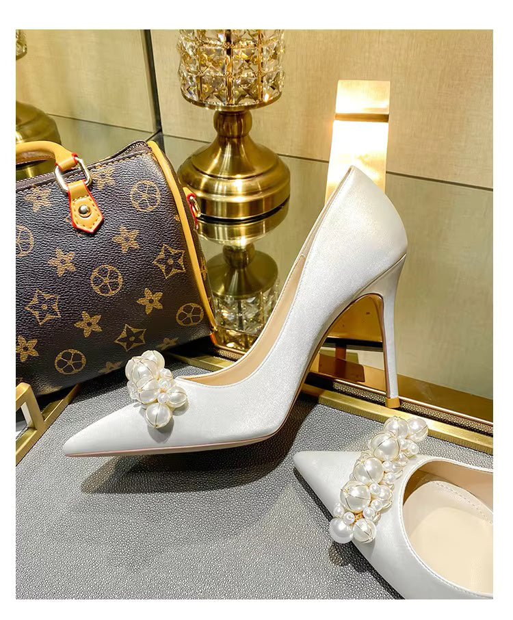 Pearl Pattern French Satin Wedding Bridesmaid High Heels Shoes