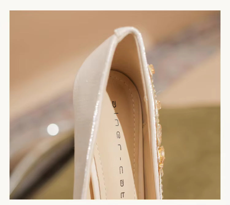 Pearl Bowknot Pattern Pointed Pearl Satin High Heel Sandals
