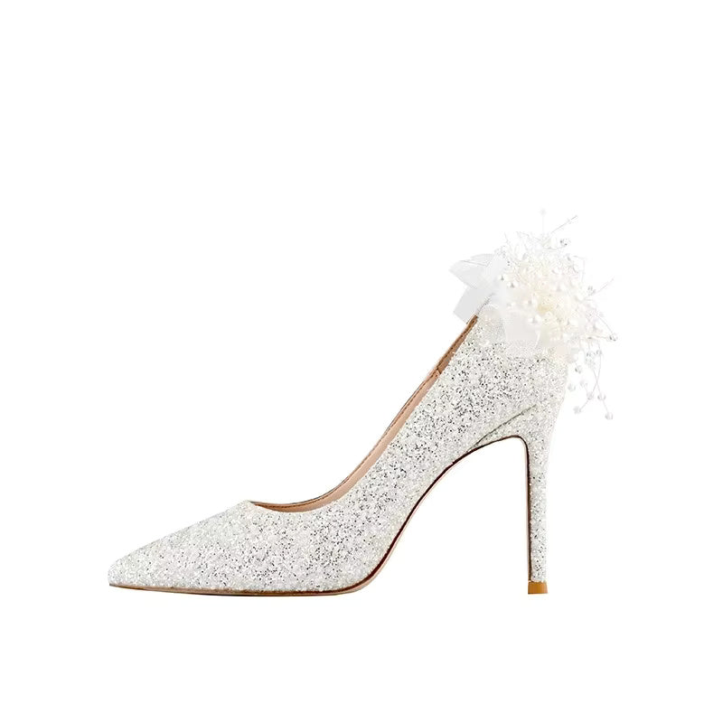Fairy Wind Beige White Pearl Fashion Pointy Shallow Mouth Pointed Toe High Heels  Wedding Stilettos