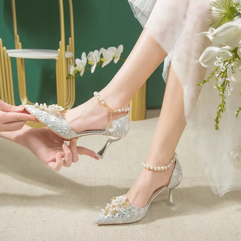 Rhinestone Pattern Lace Beaded Tassel Fashion Bridal Sandals