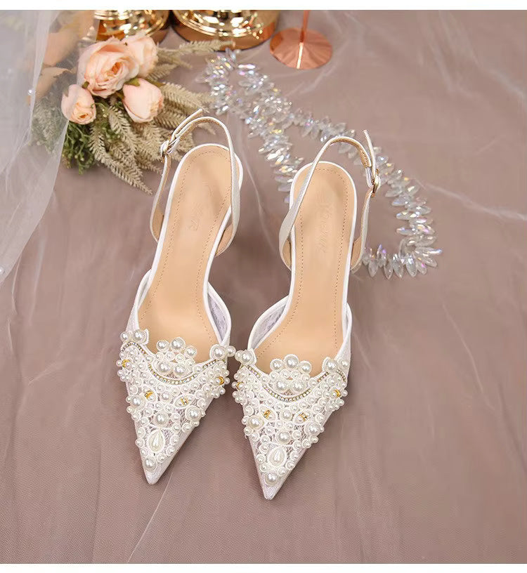 Pearl Fashion High Heels Lace Shoes Bridesmaid Shoes Pumps