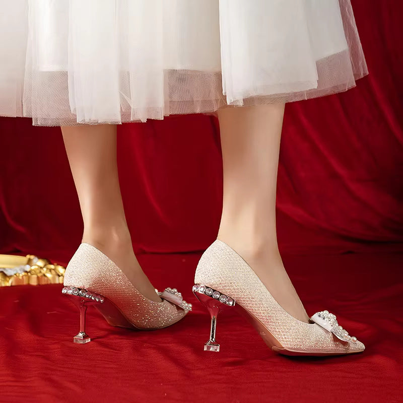 Rhinestone Fashion High Heels Metal Buckle  Bridel Shoe High Heel