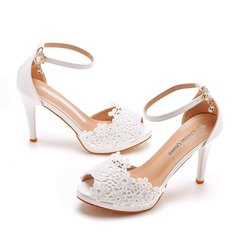 Crystal Pattern White Lace Toe High Heels Queen Party Sandals