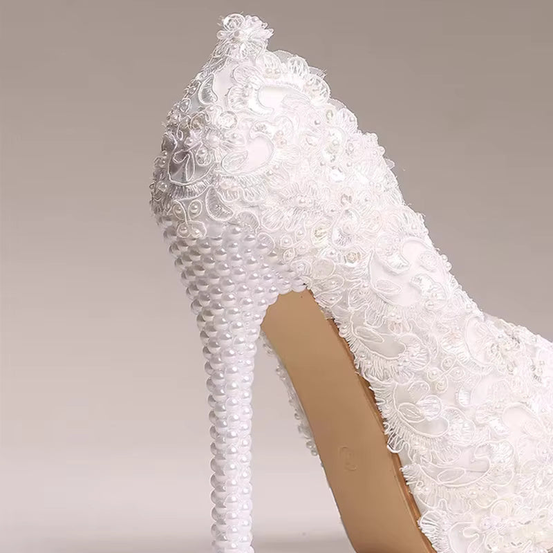 Luxury White Lace Pearl Pattern Pointed Toe Bridal Platform Stiletto High Heel Shoes