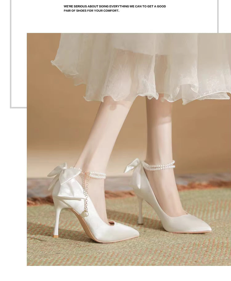 Pearls Buckle Belt Satin Fabric Bow  High Heel Point Toe Wedding Shoes