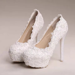 Luxury White Lace Pearl Pattern Pointed Toe Bridal Platform Stiletto High Heel Shoes