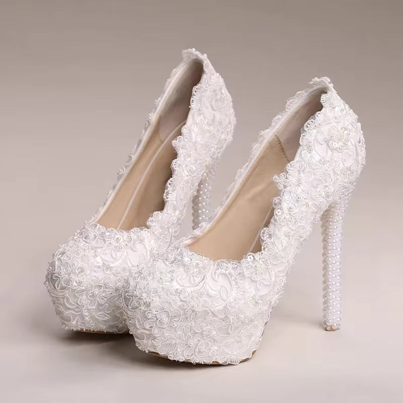 Luxury White Lace Pearl Pattern Pointed Toe Bridal Platform Stiletto High Heel Shoes