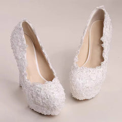 Luxury White Lace Pearl Pattern Pointed Toe Bridal Platform Stiletto High Heel Shoes