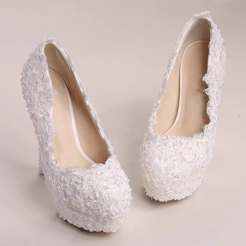 Luxury White Lace Pearl Pattern Pointed Toe Bridal Platform Stiletto High Heel Shoes