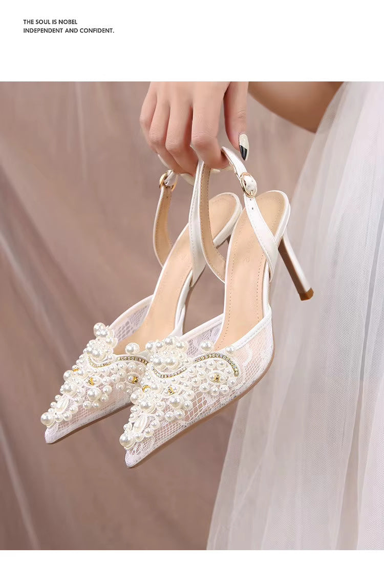 Pearl Fashion High Heels Lace Shoes Bridesmaid Shoes Pumps