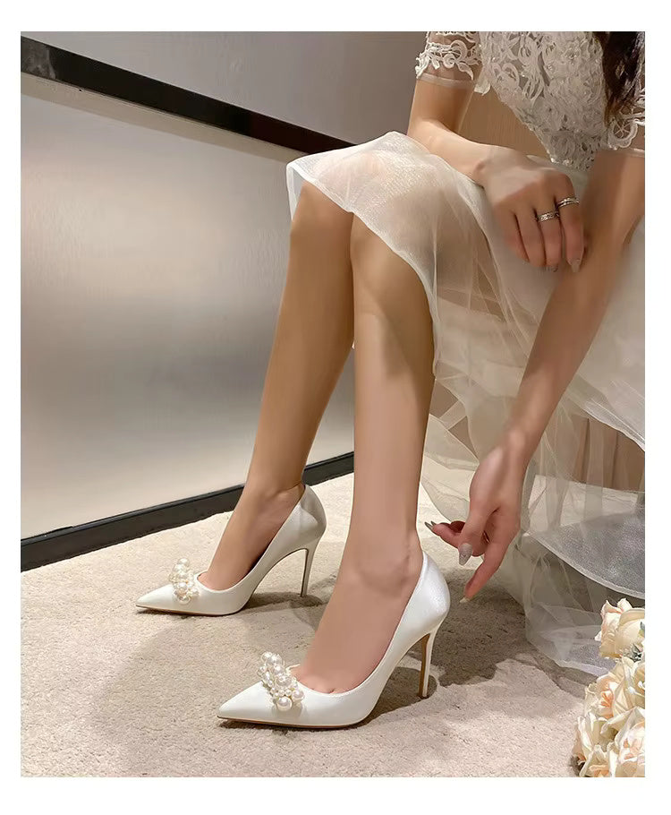 Pearl Pattern French Satin Wedding Bridesmaid High Heels Shoes