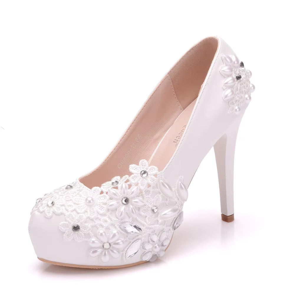Rhinestone Flower Fashion Thin High Heels Slip on Wedding Shoes