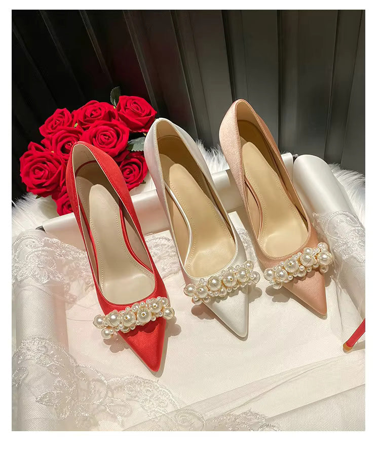 Pearl Pattern French Satin Wedding Bridesmaid High Heels Shoes