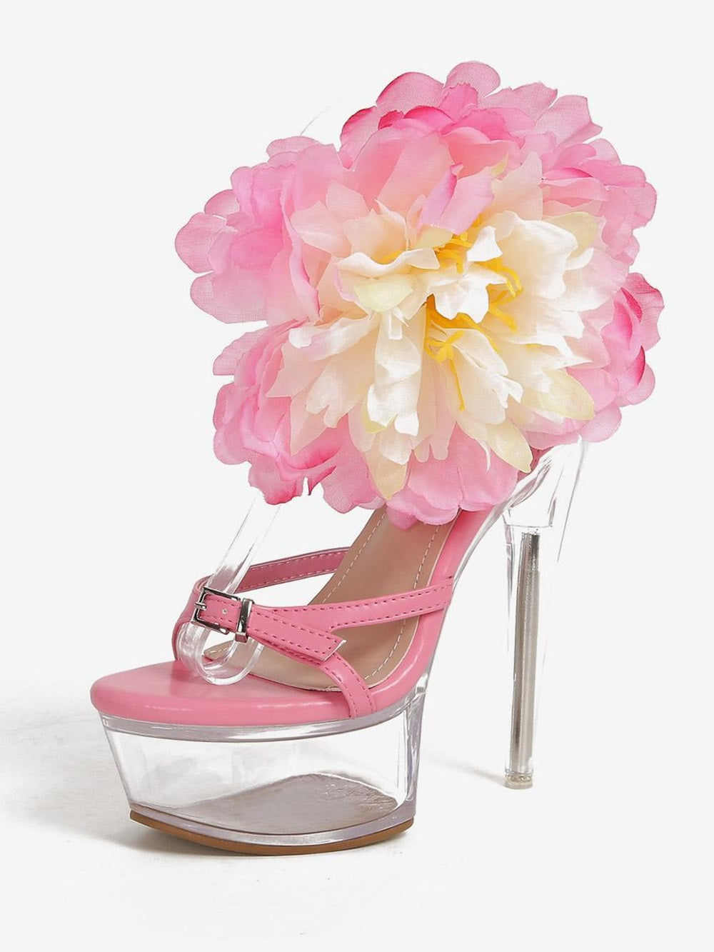 Sandals For Woman Pink PU Leather Peep Toe Flowers Shoes