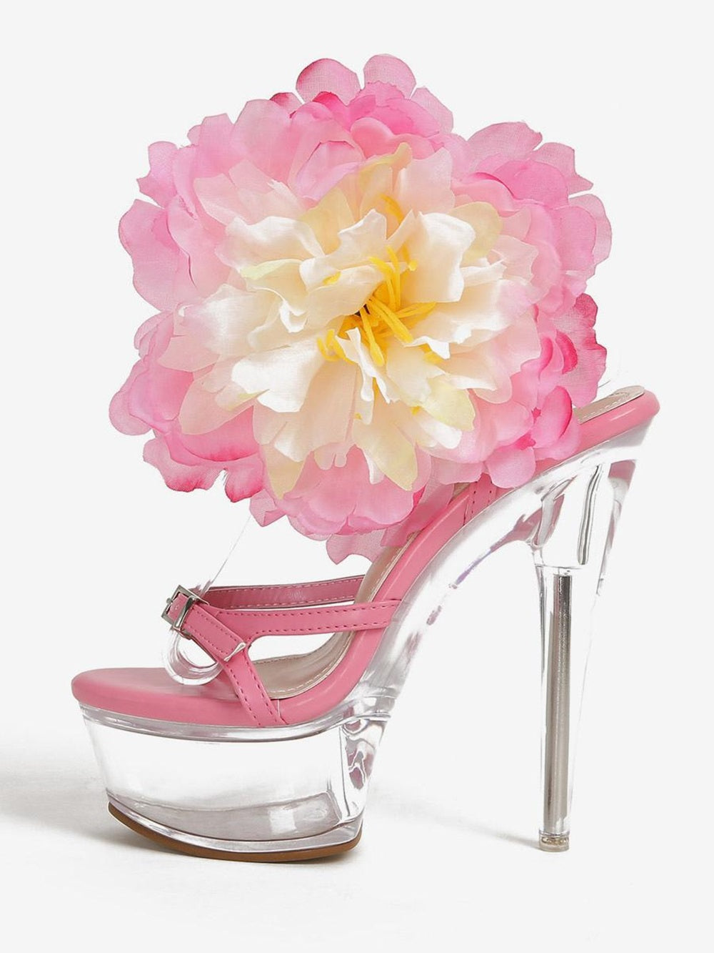 Sandals For Woman Pink PU Leather Peep Toe Flowers Shoes